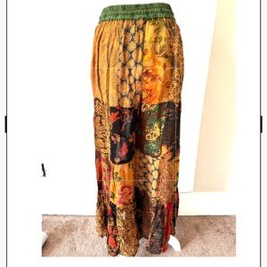 Boho Hippie Colorful Floral Patchwork Kantha Sari flowy Pants gold green red